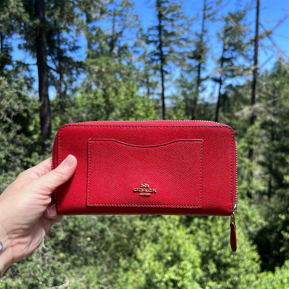 COACH Long Zip-Around Red Crossgrain Leather Wallet w Gold Hardware AUTHENTIC